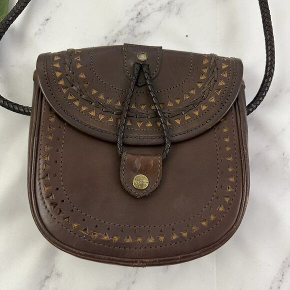 Vintage 90s Leather Cross Body Purse Bag Dark Brown Braided Boho Indie - Picture 3 of 7
